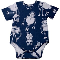 White Robot Blue Seamless Pattern Baby Short Sleeve Bodysuit by Hannah976