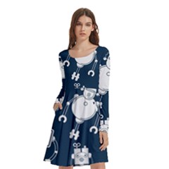 White Robot Blue Seamless Pattern Long Sleeve Knee Length Skater Dress With Pockets by Hannah976