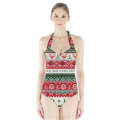 Ugly Sweater Merry Christmas  Halter Swimsuit by artworkshop