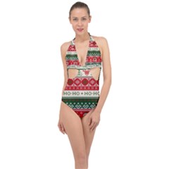 Ugly Sweater Merry Christmas  Halter Front Plunge Swimsuit by artworkshop