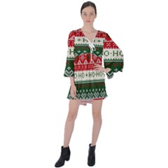 Ugly Sweater Merry Christmas  V-neck Flare Sleeve Mini Dress by artworkshop