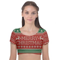 Merry Christmas  Pattern Velvet Short Sleeve Crop Top  by artworkshop