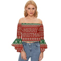 Merry Christmas  Pattern Off Shoulder Flutter Bell Sleeve Top by artworkshop