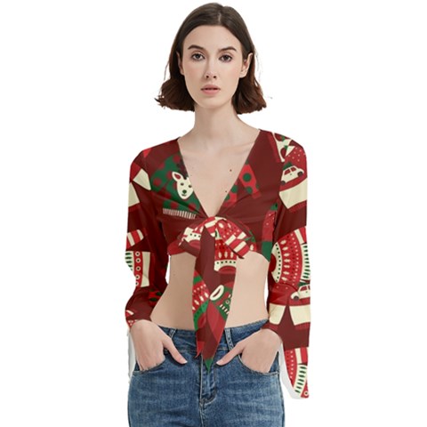 Ugly Sweater Wrapping Paper Trumpet Sleeve Cropped Top by artworkshop