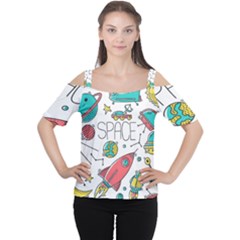 Space Cosmos Seamless Pattern Seamless Pattern Doodle Style Cutout Shoulder T-shirt