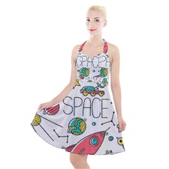 Space Cosmos Seamless Pattern Seamless Pattern Doodle Style Halter Party Swing Dress 