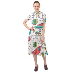 Space Cosmos Seamless Pattern Seamless Pattern Doodle Style Keyhole Neckline Chiffon Dress