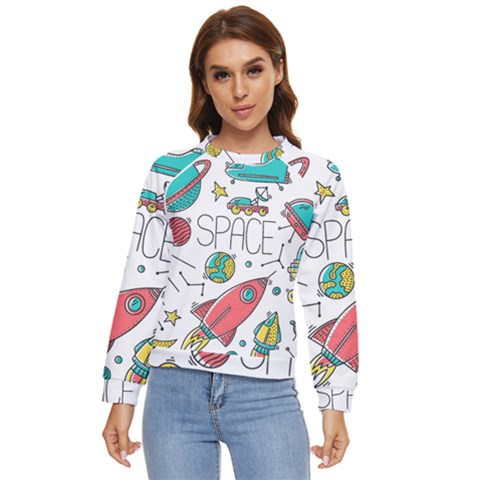 Space Cosmos Seamless Pattern Seamless Pattern Doodle Style Women s Long Sleeve Raglan T-shirt by Hannah976