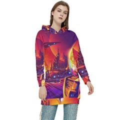 Far Future Human Colonization Women s Long Oversized Pullover Hoodie by Hannah976