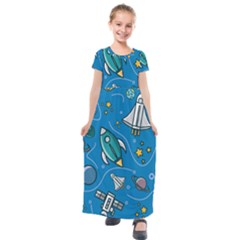 About Space Seamless Pattern Kids  Short Sleeve Maxi Dress