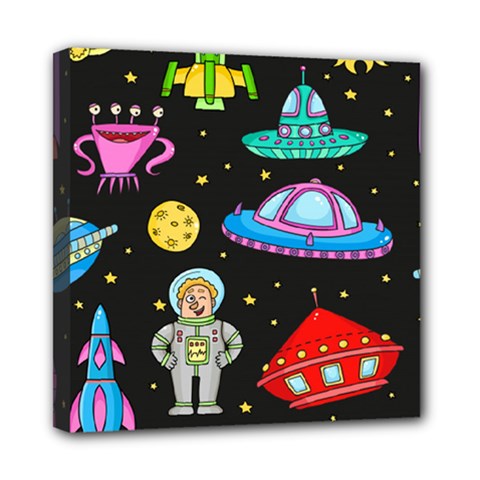 Seamless Pattern With Space Objects Ufo Rockets Aliens Hand Drawn Elements Space Mini Canvas 8  X 8  (stretched) by Hannah976