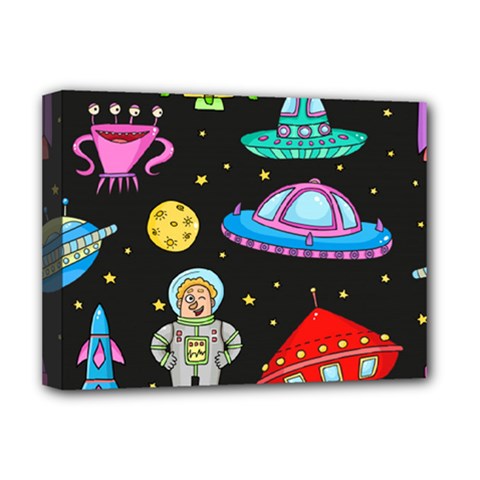 Seamless Pattern With Space Objects Ufo Rockets Aliens Hand Drawn Elements Space Deluxe Canvas 16  x 12  (Stretched) 