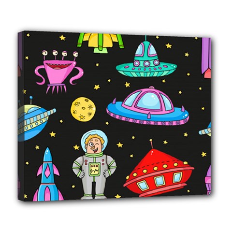 Seamless Pattern With Space Objects Ufo Rockets Aliens Hand Drawn Elements Space Deluxe Canvas 24  x 20  (Stretched)