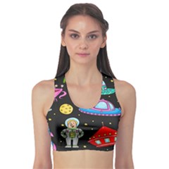 Seamless Pattern With Space Objects Ufo Rockets Aliens Hand Drawn Elements Space Fitness Sports Bra