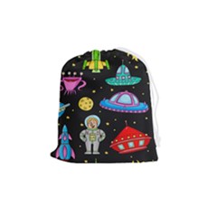 Seamless Pattern With Space Objects Ufo Rockets Aliens Hand Drawn Elements Space Drawstring Pouch (Medium)