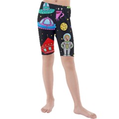 Seamless Pattern With Space Objects Ufo Rockets Aliens Hand Drawn Elements Space Kids  Mid Length Swim Shorts