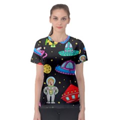 Seamless Pattern With Space Objects Ufo Rockets Aliens Hand Drawn Elements Space Women s Sport Mesh T-Shirt