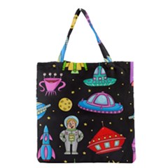 Seamless Pattern With Space Objects Ufo Rockets Aliens Hand Drawn Elements Space Grocery Tote Bag