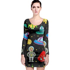 Seamless Pattern With Space Objects Ufo Rockets Aliens Hand Drawn Elements Space Long Sleeve Bodycon Dress