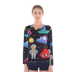 Seamless Pattern With Space Objects Ufo Rockets Aliens Hand Drawn Elements Space Women s Long Sleeve T-Shirt