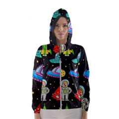 Seamless Pattern With Space Objects Ufo Rockets Aliens Hand Drawn Elements Space Women s Hooded Windbreaker