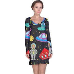 Seamless Pattern With Space Objects Ufo Rockets Aliens Hand Drawn Elements Space Long Sleeve Nightdress by Hannah976