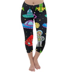 Seamless Pattern With Space Objects Ufo Rockets Aliens Hand Drawn Elements Space Capri Winter Leggings 