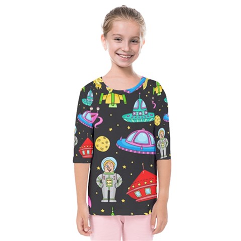 Seamless Pattern With Space Objects Ufo Rockets Aliens Hand Drawn Elements Space Kids  Quarter Sleeve Raglan T-shirt by Hannah976