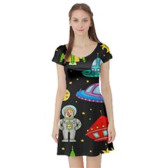 Seamless Pattern With Space Objects Ufo Rockets Aliens Hand Drawn Elements Space Short Sleeve Skater Dress