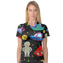 Seamless Pattern With Space Objects Ufo Rockets Aliens Hand Drawn Elements Space V-Neck Sport Mesh T-Shirt