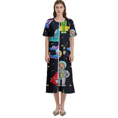 Seamless Pattern With Space Objects Ufo Rockets Aliens Hand Drawn Elements Space Women s Cotton Short Sleeve Night Gown