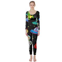 Seamless Pattern With Space Objects Ufo Rockets Aliens Hand Drawn Elements Space Long Sleeve Catsuit