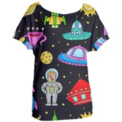 Seamless Pattern With Space Objects Ufo Rockets Aliens Hand Drawn Elements Space Women s Oversized T-Shirt