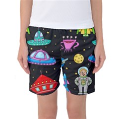 Seamless Pattern With Space Objects Ufo Rockets Aliens Hand Drawn Elements Space Women s Basketball Shorts