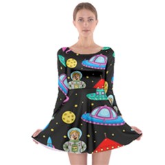 Seamless Pattern With Space Objects Ufo Rockets Aliens Hand Drawn Elements Space Long Sleeve Skater Dress