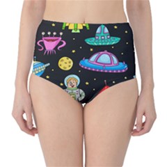 Seamless Pattern With Space Objects Ufo Rockets Aliens Hand Drawn Elements Space Classic High-Waist Bikini Bottoms