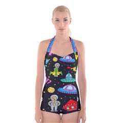 Seamless Pattern With Space Objects Ufo Rockets Aliens Hand Drawn Elements Space Boyleg Halter Swimsuit 