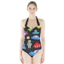 Seamless Pattern With Space Objects Ufo Rockets Aliens Hand Drawn Elements Space Halter Swimsuit View1