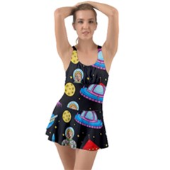 Seamless Pattern With Space Objects Ufo Rockets Aliens Hand Drawn Elements Space Ruffle Top Dress Swimsuit by Hannah976