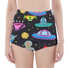 Seamless Pattern With Space Objects Ufo Rockets Aliens Hand Drawn Elements Space High-waisted Bikini Bottoms by Hannah976