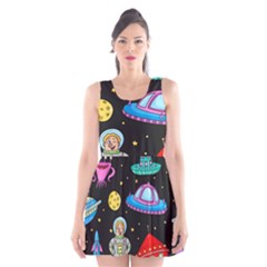 Seamless Pattern With Space Objects Ufo Rockets Aliens Hand Drawn Elements Space Scoop Neck Skater Dress