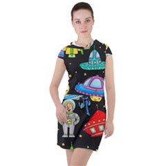 Seamless Pattern With Space Objects Ufo Rockets Aliens Hand Drawn Elements Space Drawstring Hooded Dress