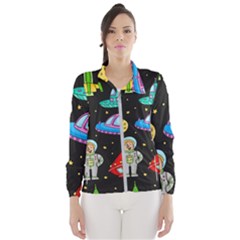 Seamless Pattern With Space Objects Ufo Rockets Aliens Hand Drawn Elements Space Women s Windbreaker