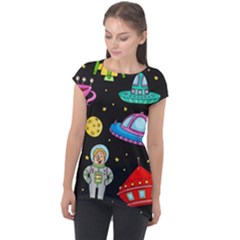 Seamless Pattern With Space Objects Ufo Rockets Aliens Hand Drawn Elements Space Cap Sleeve High Low Top