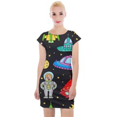 Seamless Pattern With Space Objects Ufo Rockets Aliens Hand Drawn Elements Space Cap Sleeve Bodycon Dress