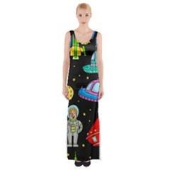 Seamless Pattern With Space Objects Ufo Rockets Aliens Hand Drawn Elements Space Thigh Split Maxi Dress