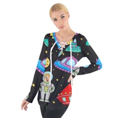 Seamless Pattern With Space Objects Ufo Rockets Aliens Hand Drawn Elements Space Tie Up T-Shirt