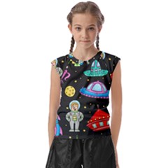 Seamless Pattern With Space Objects Ufo Rockets Aliens Hand Drawn Elements Space Kids  Raglan Cap Sleeve T-Shirt