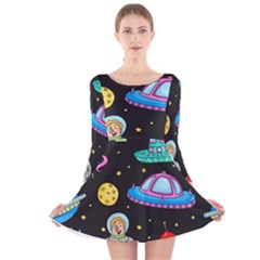 Seamless Pattern With Space Objects Ufo Rockets Aliens Hand Drawn Elements Space Long Sleeve Velvet Skater Dress