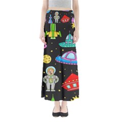 Seamless Pattern With Space Objects Ufo Rockets Aliens Hand Drawn Elements Space Full Length Maxi Skirt